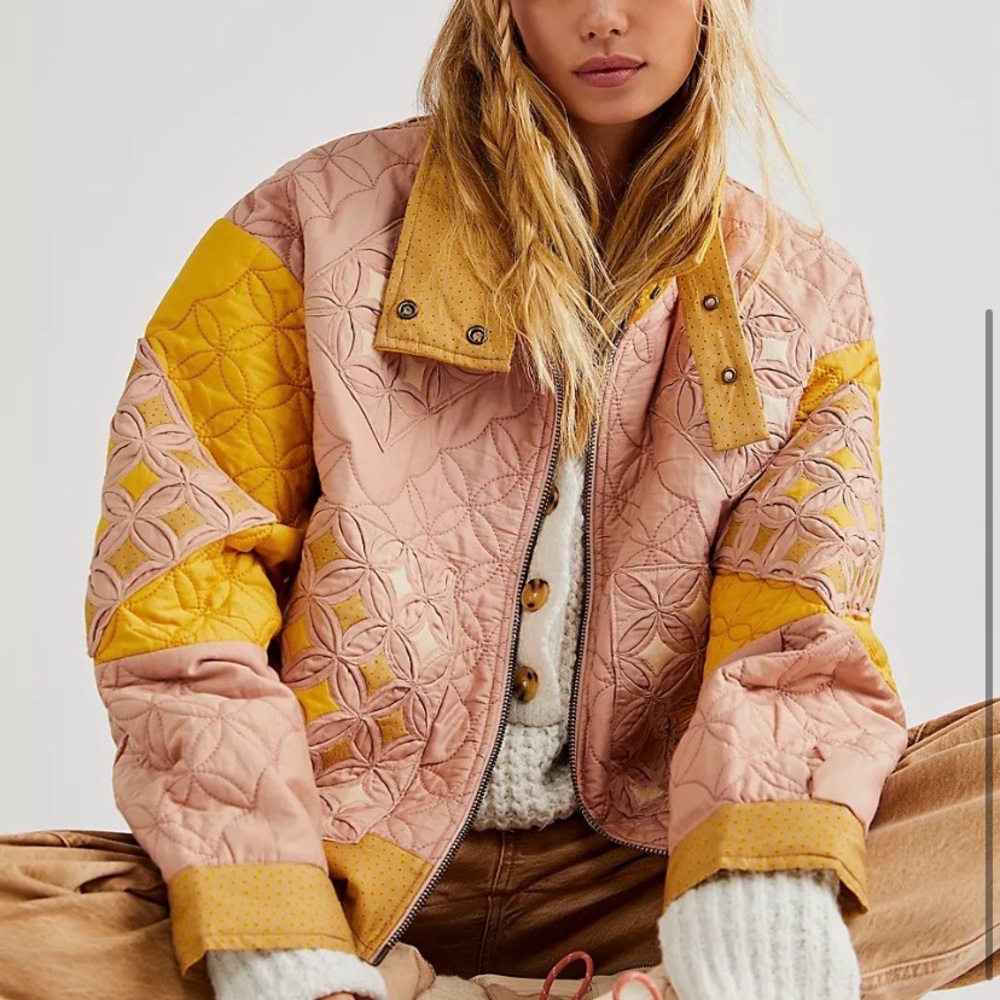 Free People Bali Ditzy Diamond Jacket - Quilted Pink and Yellow - size M